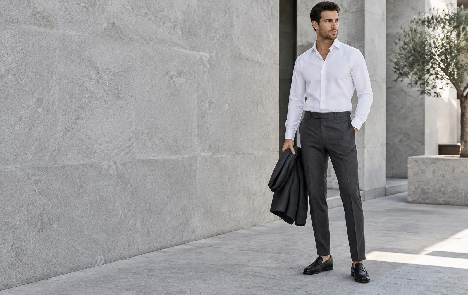 Editorial ilustrativo de camisa branca e calça de alfaiataria